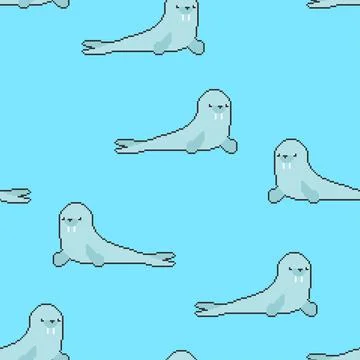 Walrus pixel art pattern seamless. pixelated sea cow background. vector illus 스톡 일러스트