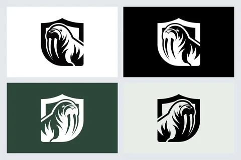 Walrus Shield Logo Icon Set Stock Illustration