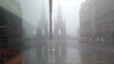 Walter Scott Monument Edinburgh reflection shrouded in mist Scotland Stock Footage 132584809