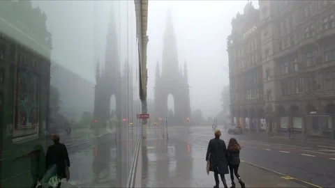 Walter Scott Monument reflection shrouded in mist Edinburgh Scotland Stock Footage 132584842