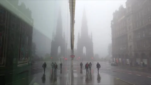 Walter Scott Monument reflection shrouded in mist Edinburgh Scotland Stock Footage 132584865