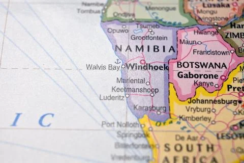 Walvis Bay Namibia Close Up Bokeh World Map Macro Defocused Geographic Image Stock Photos