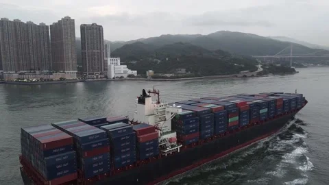 Wan Hai Container Ship sailing at Tsing Ma Bridge, Hong Kong, Aerial Footage Stock Footage 231586267