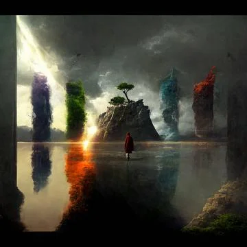 A wanderer between worlds stands in front of portals to other worlds Stock Illustration