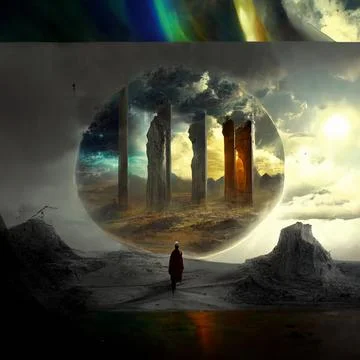 A wanderer between worlds stands in front of portals to other worlds Stock Illustration