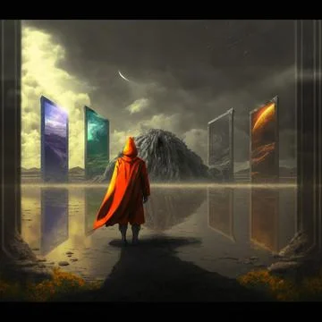 A wanderer between worlds stands in front of portals to other worlds Stock Illustration