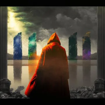 A wanderer between worlds stands in front of portals to other worlds Stock Illustration