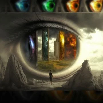 A wanderer between worlds stands in front of portals to other worlds 스톡 일러스트