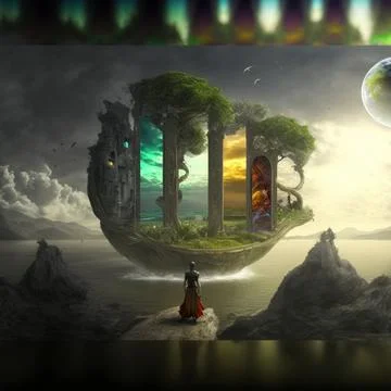 A wanderer between worlds stands in front of portals to other worlds Stock Illustration