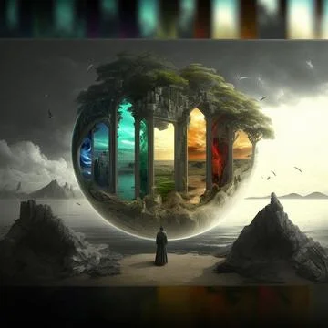 A wanderer between worlds stands in front of portals to other worlds Stock Illustration