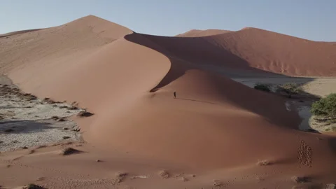 Wanderer stands on the largest dune in the world, Namibia Stock Footage 264604092