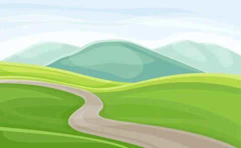 Wandering Road Going into the Distance Through Green Grassy Valley Vector Stock Illustration