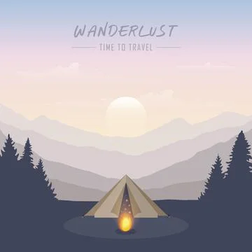 Wanderlust camping adventure in the wilderness tent in the forest at mountain Stock-Illustration