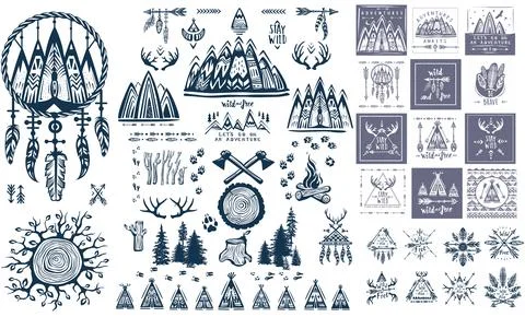 Wanderlust, Explore, Adventure labels Stock Illustration