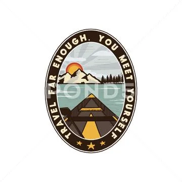 Wanderlust Logo Emblem. Vintage hand drawn travel badge. Featuring canoe through Stock Illustration