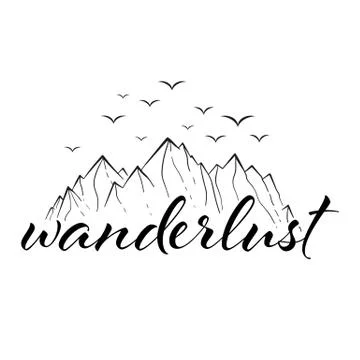 Wanderlust mountain black on white. Adventure travel icon with birds. Vector Stock Illustration