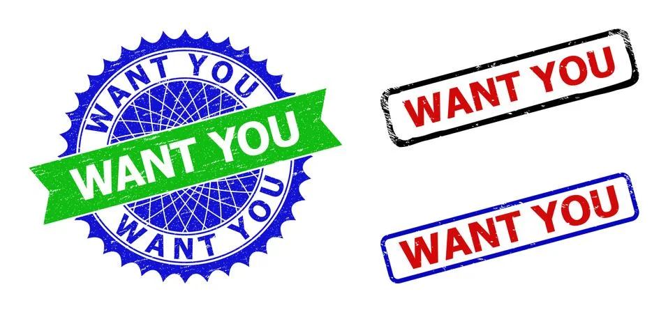 WANT YOU Rosette and Rectangle Bicolor Badges with Scratched Styles Stock Illustration