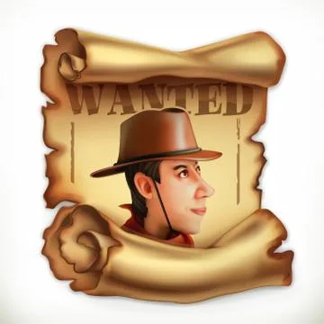 Wanted cowboy. Old paper scroll. 3d vector icon Stock Illustration