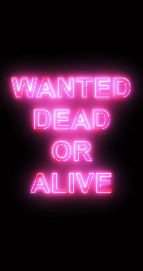 Wanted Dead or Alive message in neon lights passing on screen. Loop. 4K Vertical Stock Footage 331426579