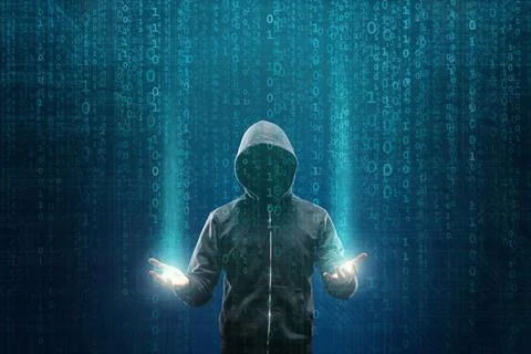 Wanted Hacker is Coding Virus Ransomware Using Abstract Binary Code. Cyberattack Stock Photos