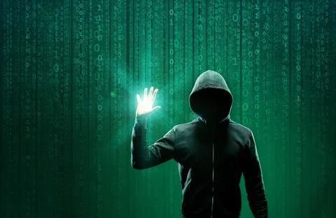 Wanted Hacker is Coding Virus Ransomware Using Abstract Binary Code. Cyberattack Stock Photos