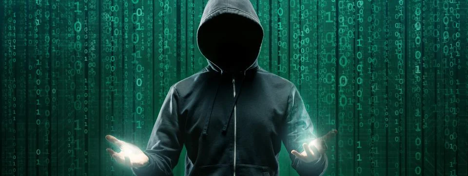Wanted Hacker is Coding Virus Ransomware Using Abstract Binary Code. Cyberattack Stock Photos