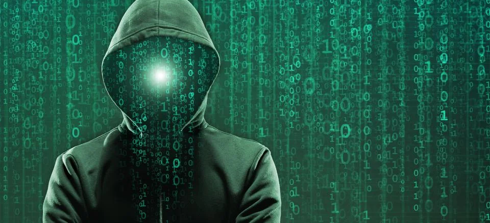 Wanted Hacker is Coding Virus Ransomware Using Abstract Binary Code. Cyberattack Stock Photos