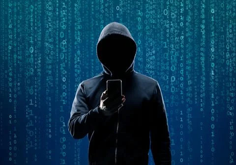 Wanted Hacker is Coding Virus Ransomware Using Abstract Binary Code. Cyberattack Stock Photos