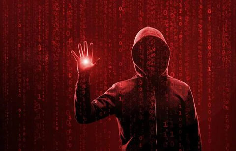 Wanted Hacker is Coding Virus Ransomware Using Abstract Binary Code. Cyberattack Stock Photos