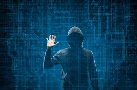 Wanted Hacker is Coding Virus Ransomware Using Abstract Binary Code. Cyberattack Stock Photos