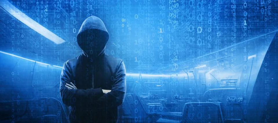 Wanted Hacker is Coding Virus Ransomware Using Abstract Binary Code. Cyberattack Stock Photos