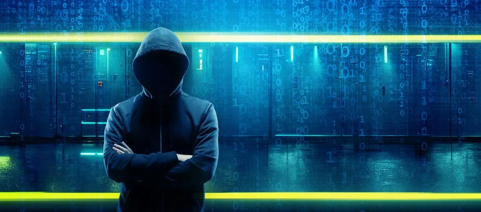 Wanted Hacker is Coding Virus Ransomware Using Abstract Binary Code. Cyberattack Stock Photos