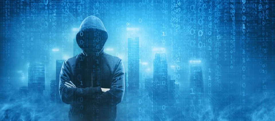 Wanted Hacker is Coding Virus Ransomware Using Abstract Binary Code. Cyberattack Stock Photos