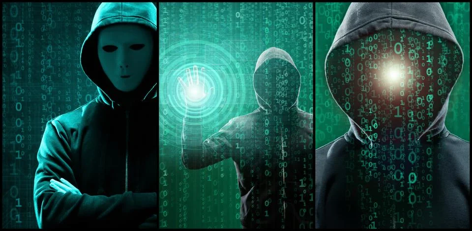 Wanted Hacker is Coding Virus Ransomware Using Abstract Binary Code. Concept of Foto stock