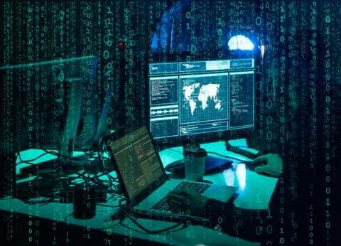 Wanted hackers coding virus ransomware using laptops and computers. Cyber attack 写真素材