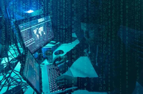 Wanted hackers coding virus ransomware using laptops and computers. Cyber attack 库存照片