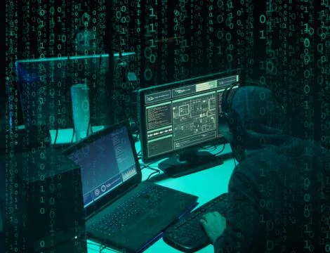 Wanted hackers coding virus ransomware using laptops and computers. Cyber attack 스톡 사진