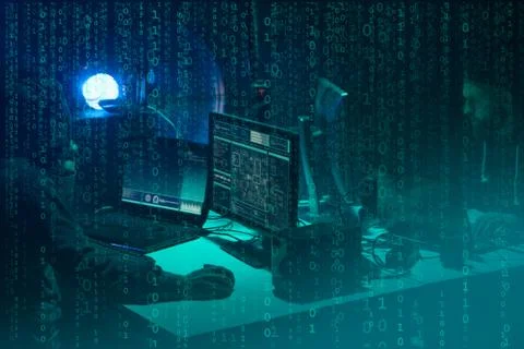 Wanted hackers coding virus ransomware using laptops and computers. Cyber attack Foto stock