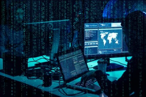 Wanted hackers coding virus ransomware using laptops and computers. Cyber attack Foto stock