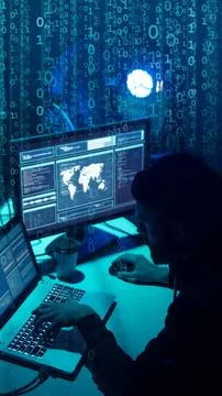 Wanted hackers coding virus ransomware using laptops and computers. Cyber attack 库存照片