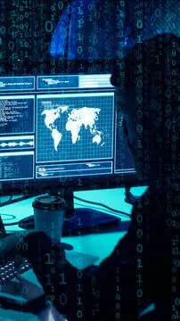 Wanted hackers coding virus ransomware using laptops and computers. Cyber attack 库存照片