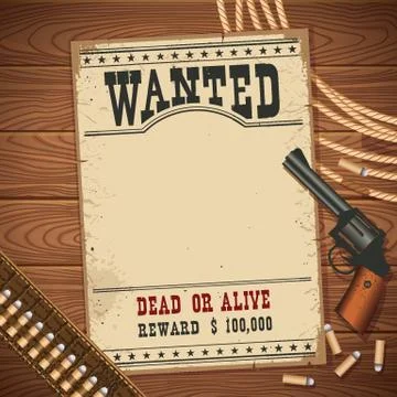 Wanted poster with western objects on wood texture Stock Illustration