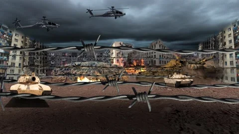 War and terrorist attacks on urban area city ruin after apocalypse war, loop Stock Footage 282695823