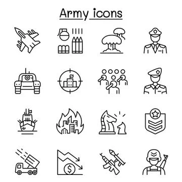 War &amp; army icons set in thin line style Stock Illustration