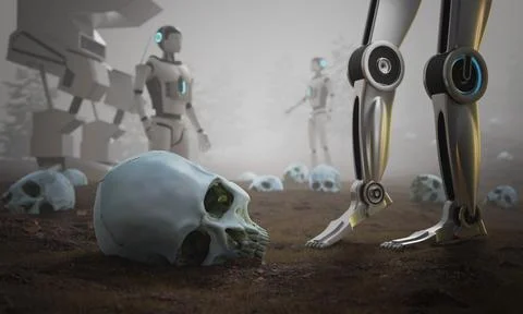 War between robots and humans in future. Human skulls on the ground and robot Illustrazione stock