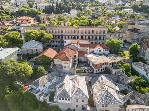 War Building Mostar Top Down Drone Photo with Ćejvan-Ćehaja's Mosque Stock Photos