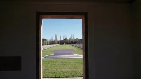 War Cemetery-Aerial reverse drone 4k view Commewealth soldiers buried in Tuscany Stock-Footage 185703690