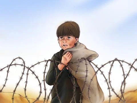 War Child in Front of Thorn Wire Fence Illustration Stock Illustration