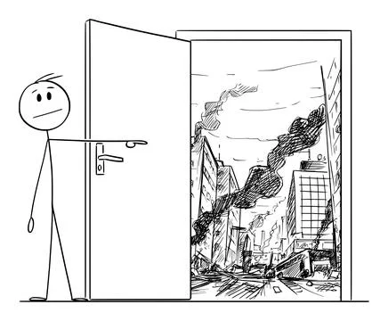 War, Crisis, Disaster or Doom Behind Door, Vector Cartoon Stick Figure Ilustración de archivo