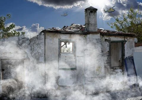 War, damage and attack with house and smoke from danger, chaos fire and Stock Photos